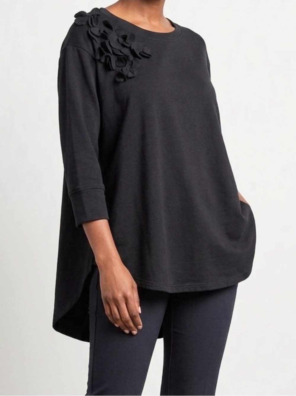 Jane & Delancey 3D Black Pullover Top with Shoulder 3D Appliqué